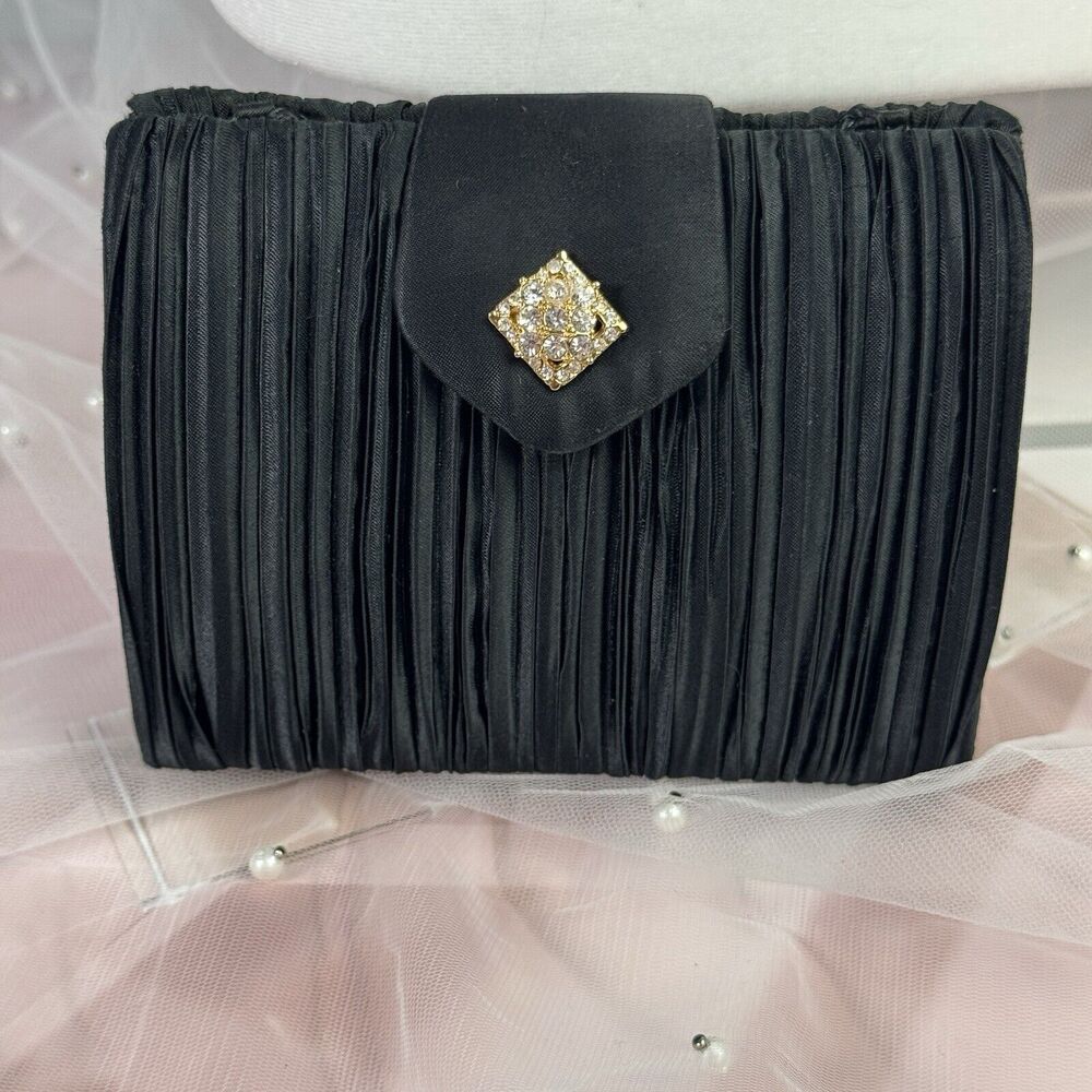 Bechamel Purse Small Black Satin Crossbody Hard Case Shoulder Pleated EUC